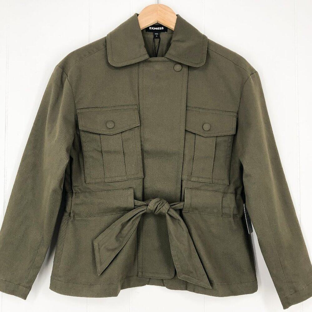Express Cotton Twill Utility Jacket Oversized Pockets Belted Size XS Olive Green